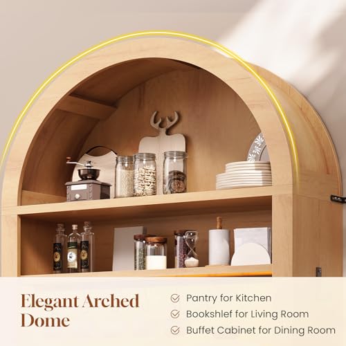 73" Tall Arched Bakers Rack with Power Outlet and LED Light (Natrual)