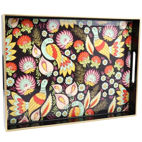 Decorative Serving Tray with Handles (Black-peacock / 13" x 13" x 1.4")