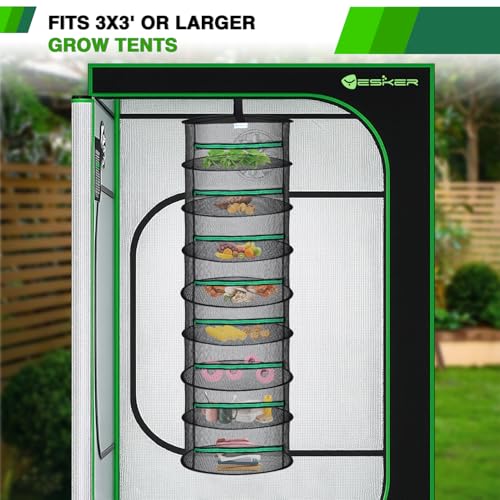 8 Layer Herb Drying Rack Hanging Mesh Net Foldable Plant Drying Racks 24" Diameter with Green Zipper & Hook Dryer Hanging Rack for Herbs Seed Bud Fruit Clothes Grow Tent Closets Garden Outdoor