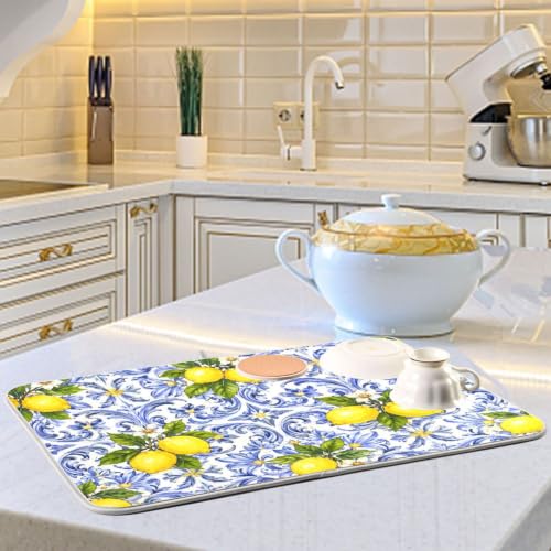 Lemon Blue Tiles Dish Drying Mat for Kitchen Counter Absorbent Microfiber Drying Pad (18" x 24")