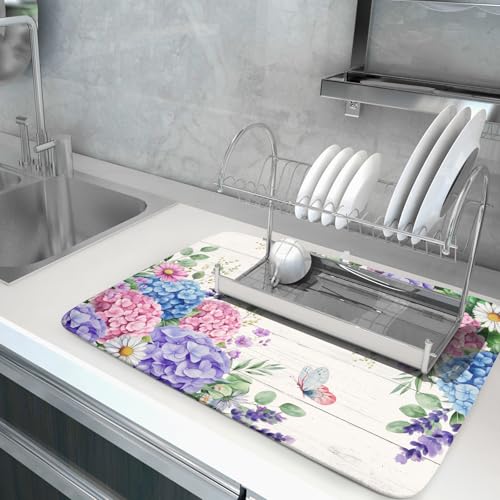 Hydrangea Floral Dish Drying Mat 18x24 inch Spring Summer Decorative Fast Dry Dishes Draining Mats Absorbent Microfiber Drainer Rack Pad (Hydrangea Floral / 18" x 24")
