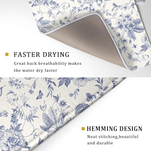 Chinoiserie Flower Dish Drying Mat Blue Leaves Dishes Drying Pad Reusable Washable Kitchen Countertop Protector Dish Drainer Mat 18x24 Inch (Chinoiserie Flower / 24" x 18")