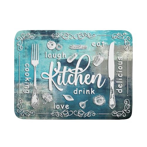 Blue Grey Dish Drying Mat 18x24 Inch Cooking Delicious Absorbent Drying Pad Heat Resistant Dish Drainer Mats for Kitchen Countertop (Blue Kitchen Cooking / 18" x 24")