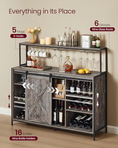 Coffee Bar Buffet Cabinet with LED Light and Power Outlet (With Power Outlet and Light / 14.2"D x 47.2"W x 44.9"H / Maple Gray)