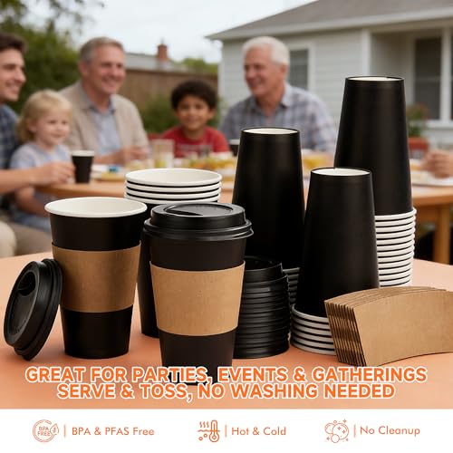 500 Pack 12 oz Disposable Coffee Cups with Lids and Sleeves (Black / 12 oz)