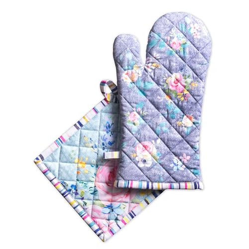 100% Cotton Oven Mitt & Pot Holder Set (054 - Sweet Rose Lavender - Lush / 7.5" x 13" & 8" x 8" (Oven Mitt & Pot Holder))