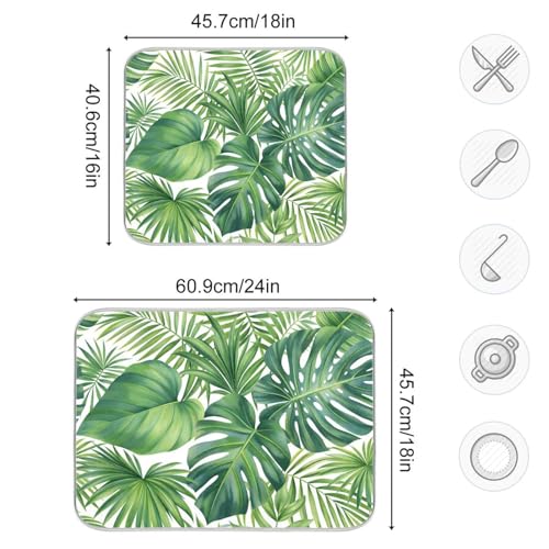 Green Monstera Palm Leaves Dish Drying Mat for Kitchen Counter Absorbent Microfiber Drying Pad (16" x 18")