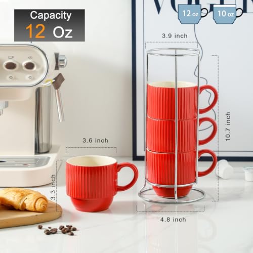 12 Oz Coffee Mugs Set of 4 with Rack (Red / 12 Ounces)