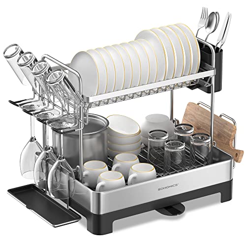 2 Tier Dish Drying Rack for Kitchen Counter (Silver + Black)
