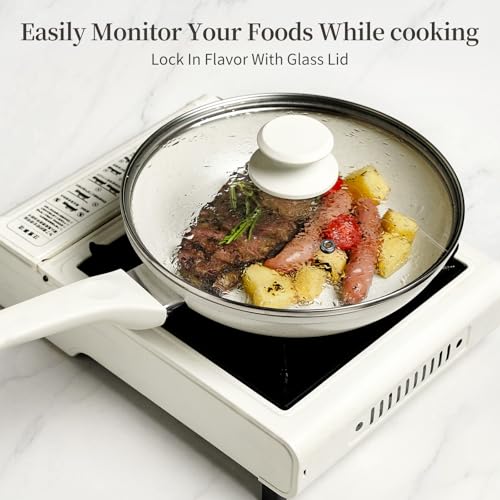 Nonstick Ceramic Frying Pans Skillets Set with Lid 8"+9.5"+11" (Cream White)