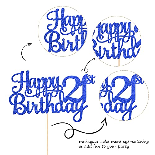 1 PCS Happy 21st Birthday Cake Topper Glitter Cheers to 21 Years Cake Pick 21 Fabulous Cake Decoration for 21st Birthday Theme Party Decorations Supplies Blue (Blue / 21st)