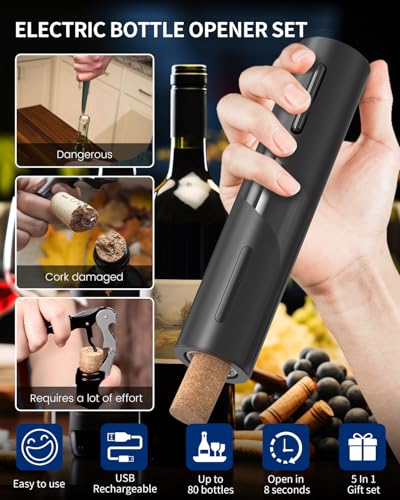 Electric Wine Bottle Opener Set Rechargeable Wine Corkscrew Cordless Wine Opener Gift Set with Charging Base (Matte Black / Prestige Set)