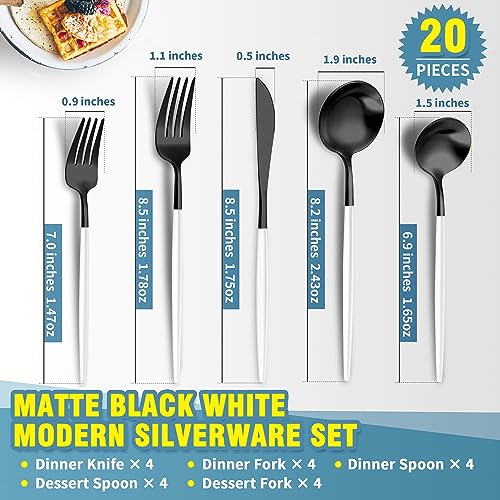 Matte Black White Silverware Set for 4 (Black White / 20 Pieces Set)