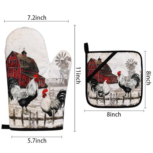 Rooster Print Oven Mitts and Pot Holders Sets of 4 Rustic Chicken Kitchen Mitts Potholders Heat Resistant Farmhouse Cute Oven Gloves Hot Pads for Chicken Kitchen Decor (Red Beige)