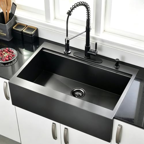 30 Inch Black Farmhouse Kitchen Sink Drop In (30"L x 22"W x 10"D / Black (Drop In Flat Apron))