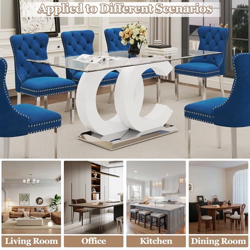 7 Piece Glass Dining Table Set for 6 (White Table & Silver Blue Chair / 7-Piece Set-OC-Shaped Table)