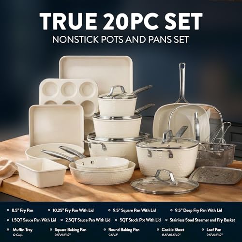 HAMMERED 20 Pc Ceramic Cookware Set (Cream)