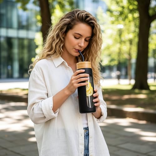 24 oz Glass Water Bottle with Straw and 2 Lids (Black / 24 Ounces)
