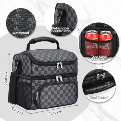 Double Layer Cooler Insulated Lunch Bag Adult Lunch Box Large Tote Bag for Men (PlaidBlack)