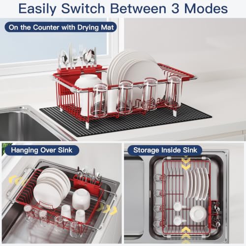 Red Dish Drying Rack in Sink with Mat (Red / For 12"-30"w Sink, with Mat)