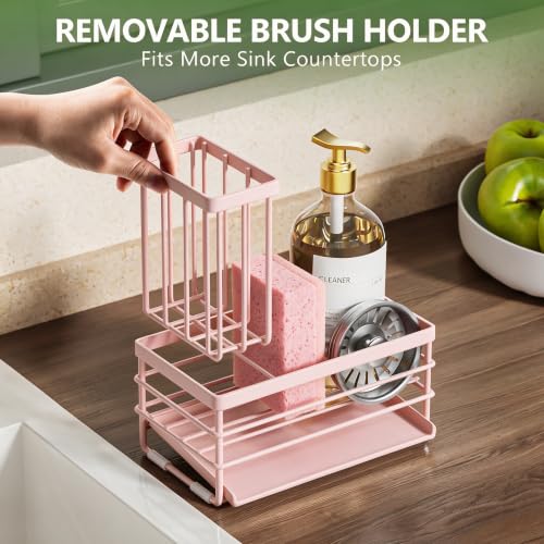 Pink Sink Caddy Sponge Holder for Kitchen with Brush Holder and Stainless Steel Self Drain Tray (8.26'' / Pink)