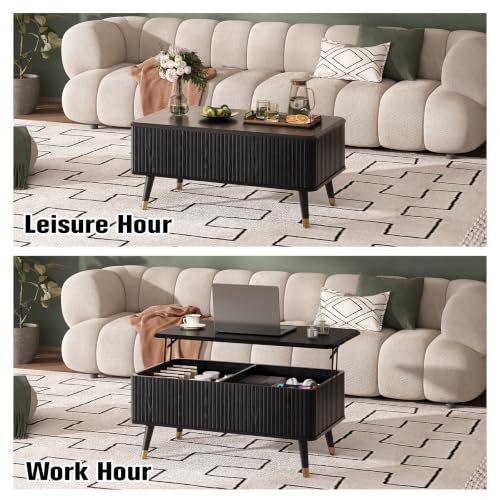 Black Lift Top Coffee Table with Storage for Living Room (Solid Black)