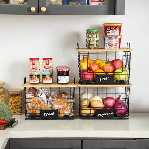 2 Set XXL Stackable Wire Basket with Bamboo Tops & Tag (XXL)