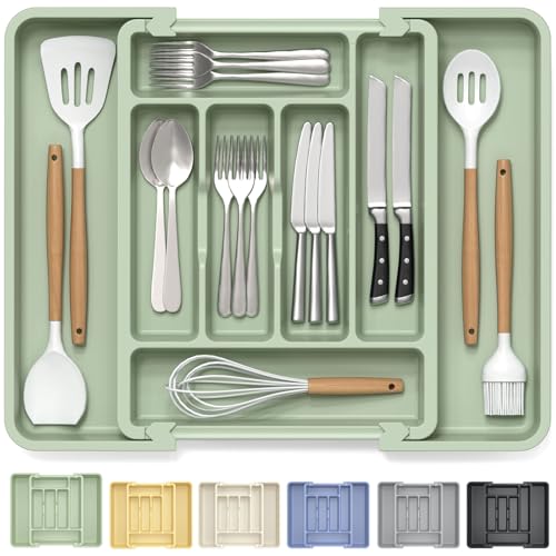 Large Silverware Organizer Tray for Kitchen Drawer Utensils Thicker (Sage Green)