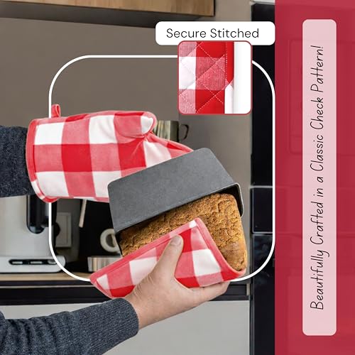 Buffalo Plaid Check Oven Mitts and Pot Holders Set of 4 (Buffalo, Red)