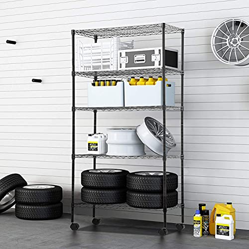 5 Tier Wire Shelf with Wheels (Black / 30×14×60)