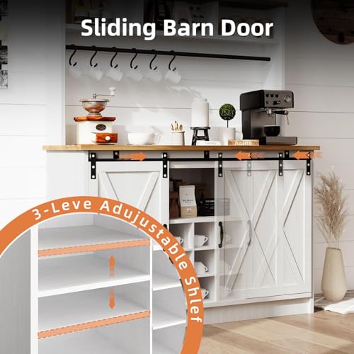 47" Farmhouse Coffee Bar with Storage Hutch & Wine Rack (48Inch / White)