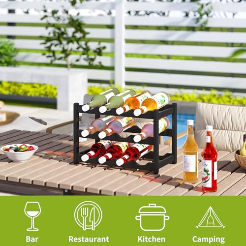 Bamboo Wine Rack Wine Storage Cabinet Shelf 12 Bottle Wine Racks Countertop Sturdy for Kitchen Dining Room Pantry (Black / 3 Tier)