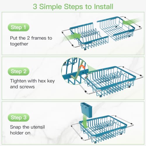 Blue Dish Drying Rack Over the Sink with Utensil Holder (Blue / For 12.5"-30"w Sink, Expandable)