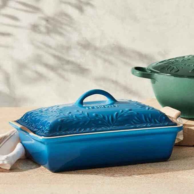 Le Creuset Olive Branch Collection Stoneware Heritage Covered Rectangular Casserole, 4 qt., Marseille with Embossed Lid
