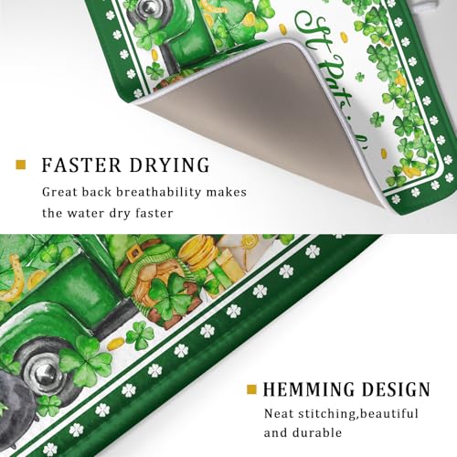 Shamrock Gnome Truck Dish Drying Mat Lucky Clover Dish Drainer Mat 18x24 inch Absorbent Fast Dry Pad for Kitchen Counter Coffee Bar Decor (Shamrock Gnome Truck / 18" x 24")