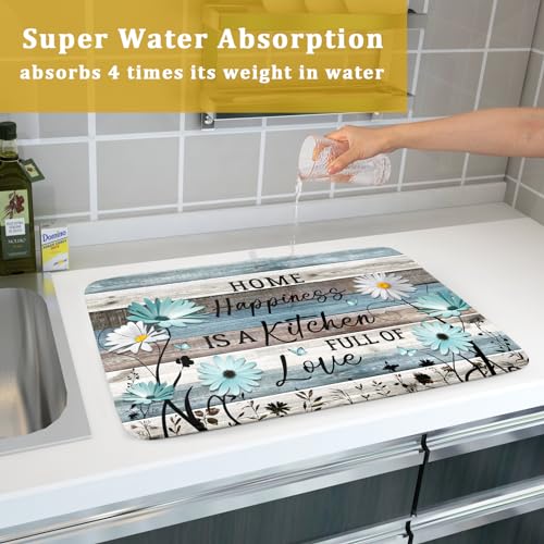 Daisy Floral Dish Drying Mat 18x24 Inches Rustic Wood Microfiber Absorbent Reversible Dish Draining Pad Fast Dry Kitchen Accessories (Home Happiness Wood / 18" x 24")