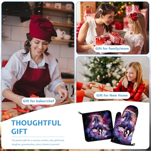 Horse Purple Galaxy Space Oven Mitts and Pot Holders Sets Heat Resistant 4Pcs Potholders Oven Gloves Hot Pads for Kitchen Baking Cooking Grilling BBQ (Horse Galaxy Space)