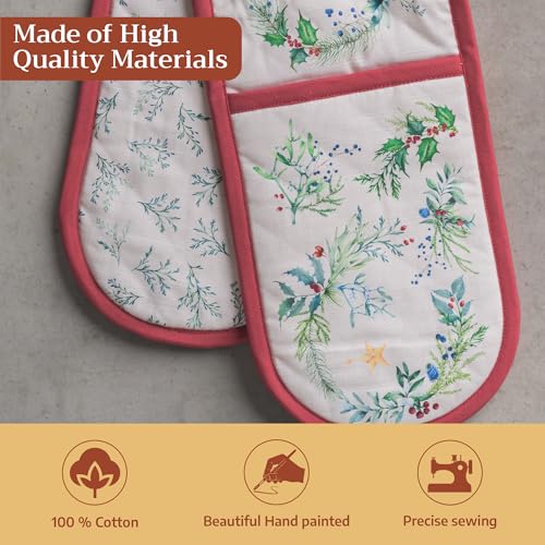 Double Oven Mitts 100% Cotton Double Oven Glove (100 - Holly Time / 7" x 35" (Double Oven Mitt))