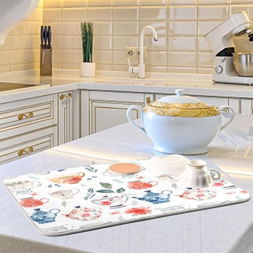 Watercolor Tea Cups Teapots Dish Drying Mat for Kitchen Counter Absorbent Microfiber Drying Pad (16" x 16")