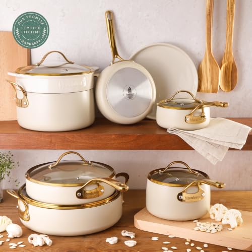 15 Piece Ceramic Nonstick Cookware Set (Almond Cream w/ Gold Handle / 15-Piece Cookware Set)