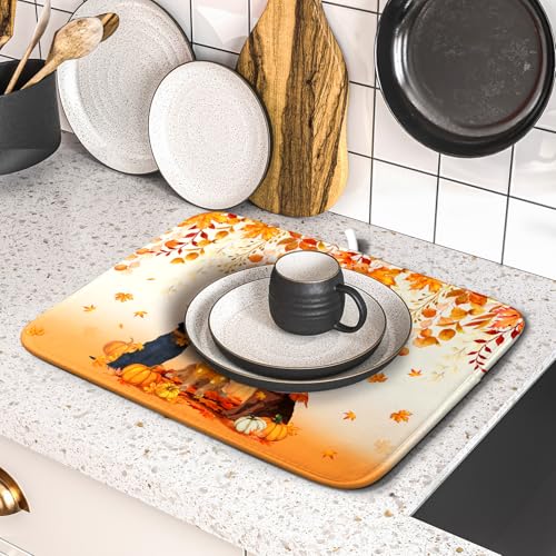 Fall Dogs Dish Drying Mat Autumn Leaves Reusable Dishes Pad 16"x18" Holiday Microfiber Quick Dry Dish Drainer Rack Mat for Kitchen Counter (Fall Dogs / 16x18 inch)