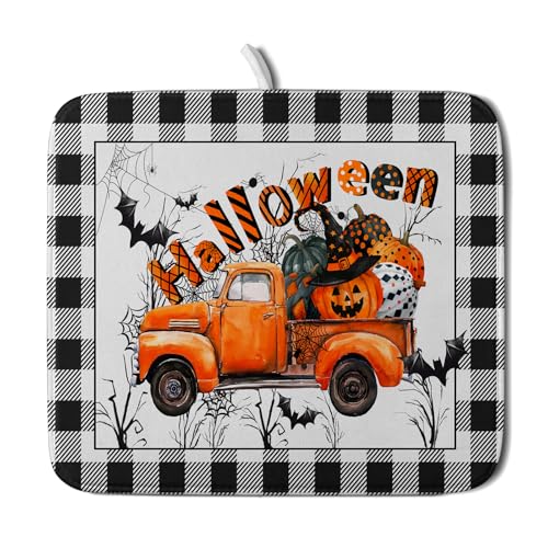 Holiday Truck Dish Drying Mat (Halloween Truck Orange / 18" x 16")