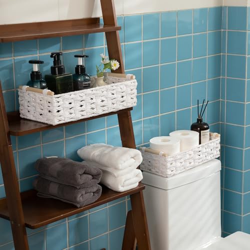 Toilet Paper Baskets Handmade Paper Rope Decorative Wicker Storage Tank Shelf Cabinet Organizer for Bathroom Home (White)
