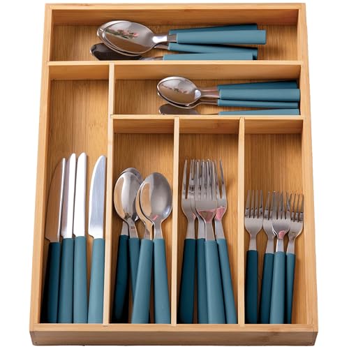 Bamboo Kitchen Utensil Set with Drawer Organizer (Blue / 25 Piece Cutlery Set)