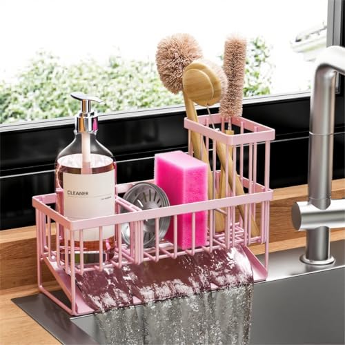 Pink Kitchen Sink Caddy Organzier with High Brush Holder