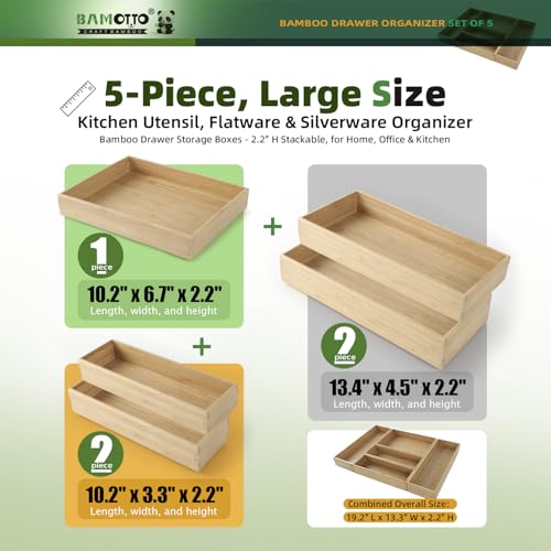 Stackable Bamboo Drawer Organizer Set of 5 for Kitchen (Bamboo (5 Piece Set) / 19.2" L x 13.3" W x 2.2" H)