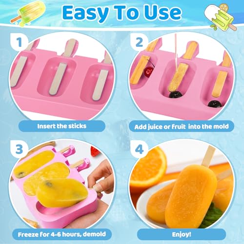 4 Set Silicone Popsicle Molds with 200 Sticks (4 Set / Pink)