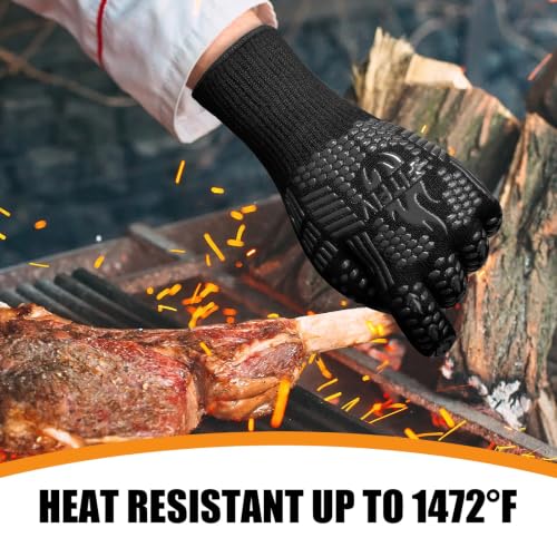 BBQ Gloves 1472°F Heat Resistant with Silicone Grip Oven Mitts (Black / Long (Glove L 13.78" × Palm W 6.33"))