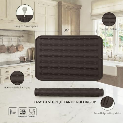 Silicone Dish Drying Mat for Multiple Usage (Coffee / 36"L x 18"W)