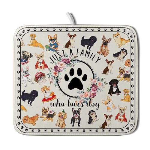 Cute Dog Dish Drying Mat Absorbent Printed Drying Pad for Pet Lover (Dog Family White / 18" x 16")